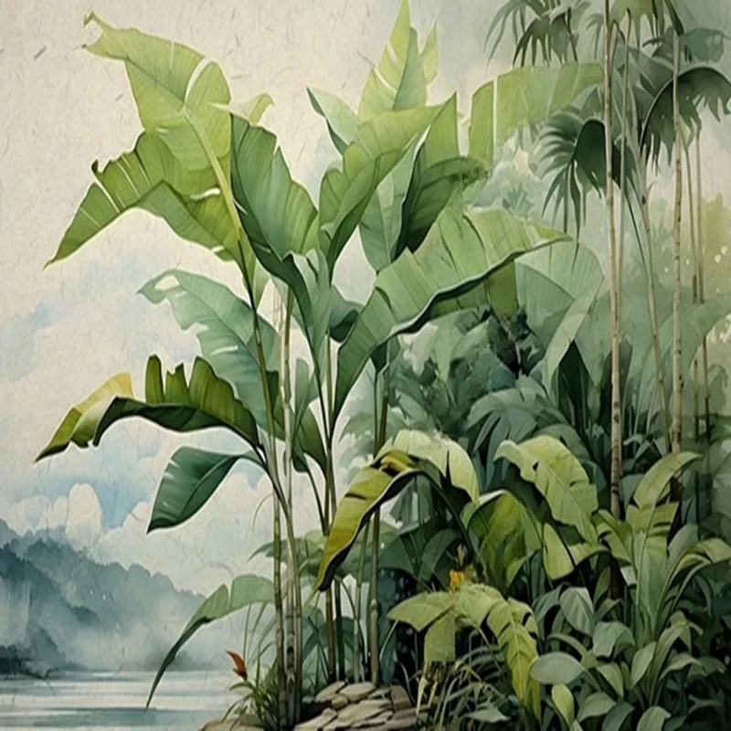 

MU8057 Nordic retro and nostalgic hand-painted tropical plant wallpaper oil painting background wall
