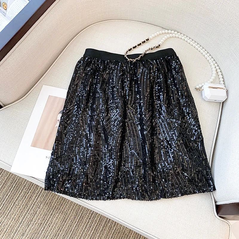 design sense, high waist, thin, straight buttocks, medium length  sequins, hot girls' skirt, women's summer A-line skirt