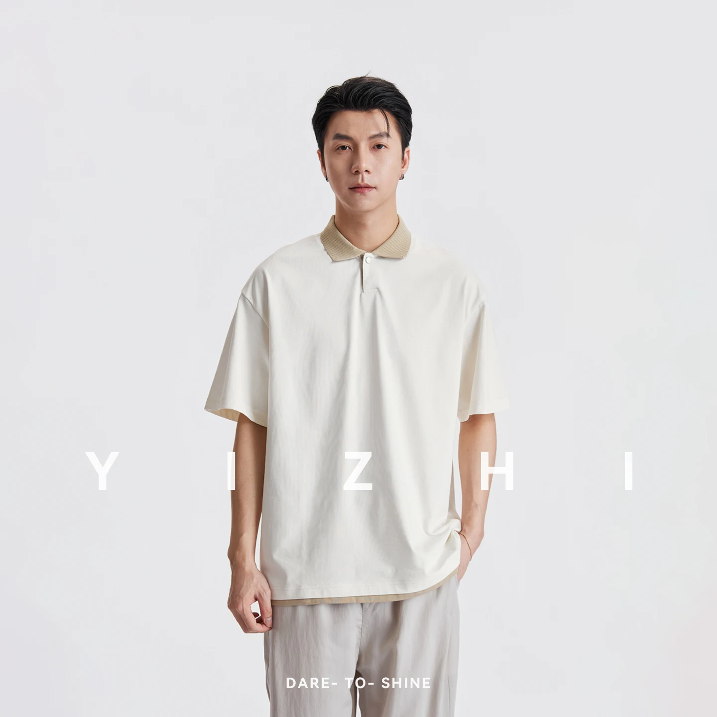 Old Money Style Color Contrast Collar Polo Shirt Men Summer Loose Drop Shoulder Draped Versatile Commuter Short Sleeve T-Shirt