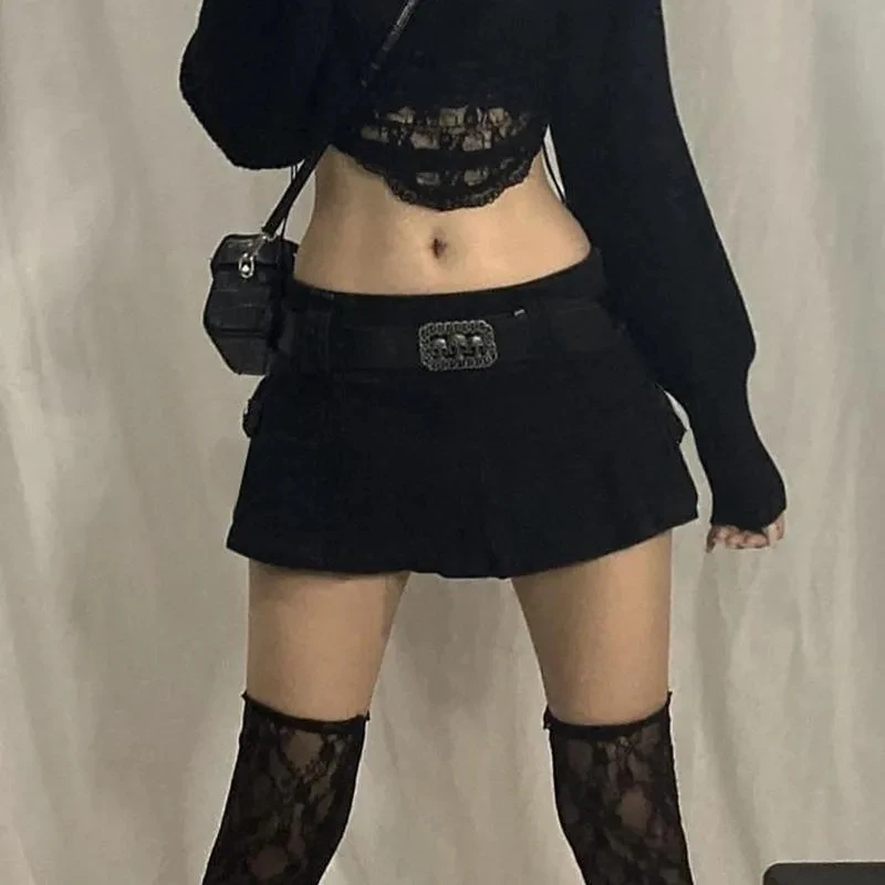 กระโปรงไมโครสีดำแนววินเทจผ้าตัดต่อมีกระเป๋าสไตล์วินเทจฮาราจูกุสไตล์สตรีทแวร์ Y2K กระโปรงสั้นครึ่งตัว