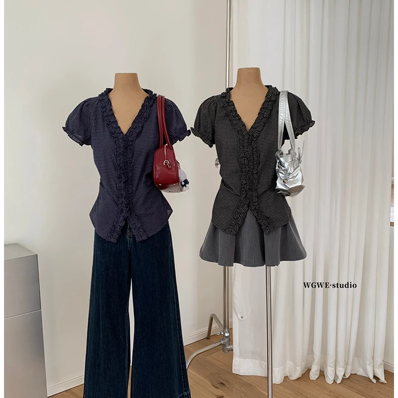 

Женская премиум-рубашка в корейском стиле с коротким рукавом и клетчатым узором WGWE900, весенняя модная повседневная рубашка