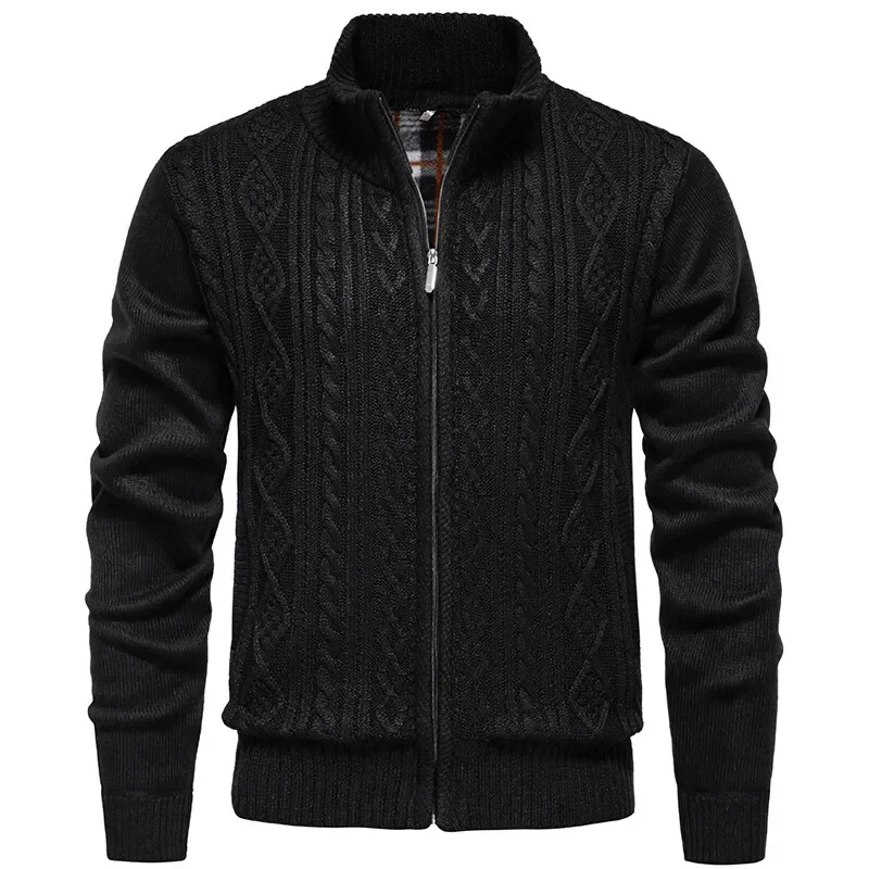 

Pop Winter Men's Cardigan Knitted Solid Sweatercoat Stand Neck Fleece Warm Knitting Cardigan Sweaters Men Casual Slim Cardigan