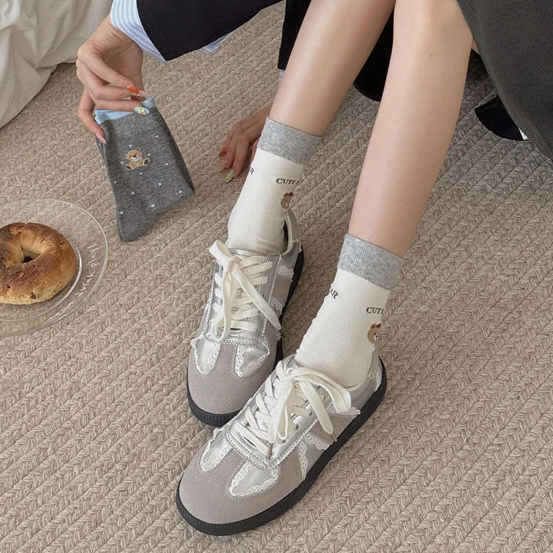 5 Pairs Women's Socks Set Japanese Striped Bear Simple Versatile Casual Mid Socks Breathable Sweat Absorbing Sports Cotton Socks