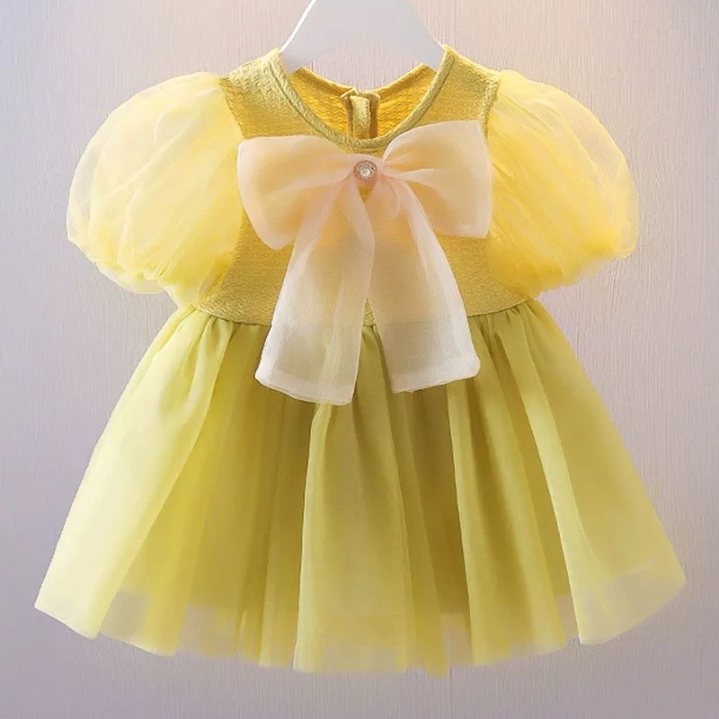 Summer Newborn Girls Clothes Korean Fashion Cute Bow Short Sleeve Mesh Baby Dresses First Birthday Dress Baby Clothing B227