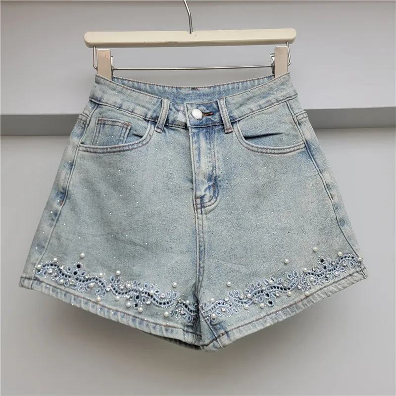 Korean Fashion Embroidered Beaded Denim Shorts Women Vintage Trend Rhinestone High Waist Straight Shorts Summer Versatile Shorts