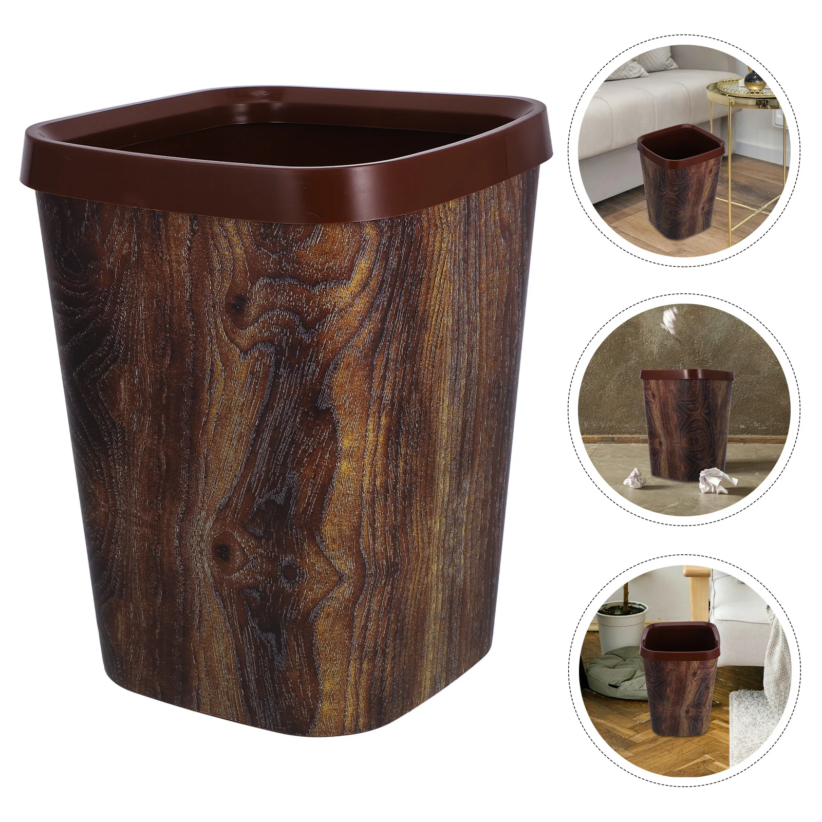 

Wood Grain Trash Bin Large Size Sturdy PP Construction Smooth Surface Quick Cleaning for Household Hotel Bathroom Kitchen Use