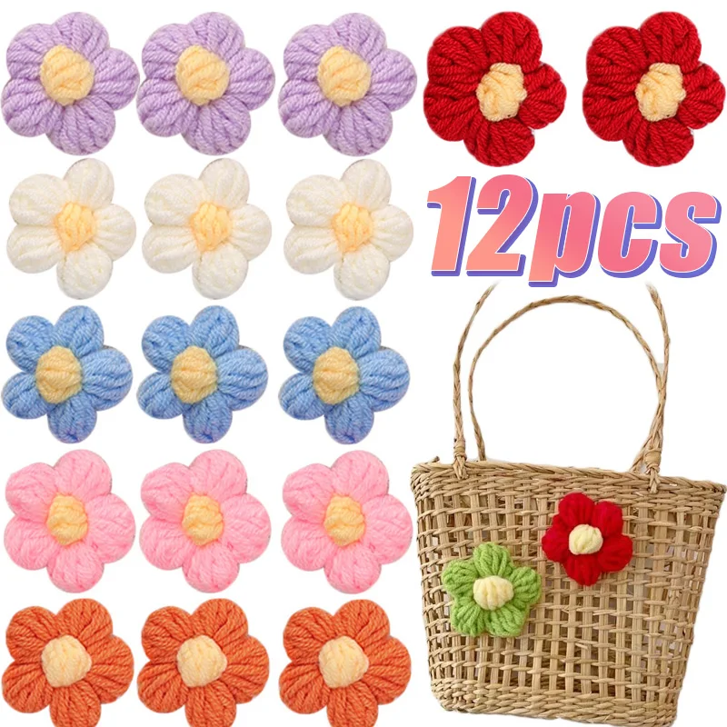 12pcs DIY Puff Flower Hand-knitted Wool Accessories Girls Cute Colors Flower Bag Clothes Hairpin Jewelry Decor Craft Supplies