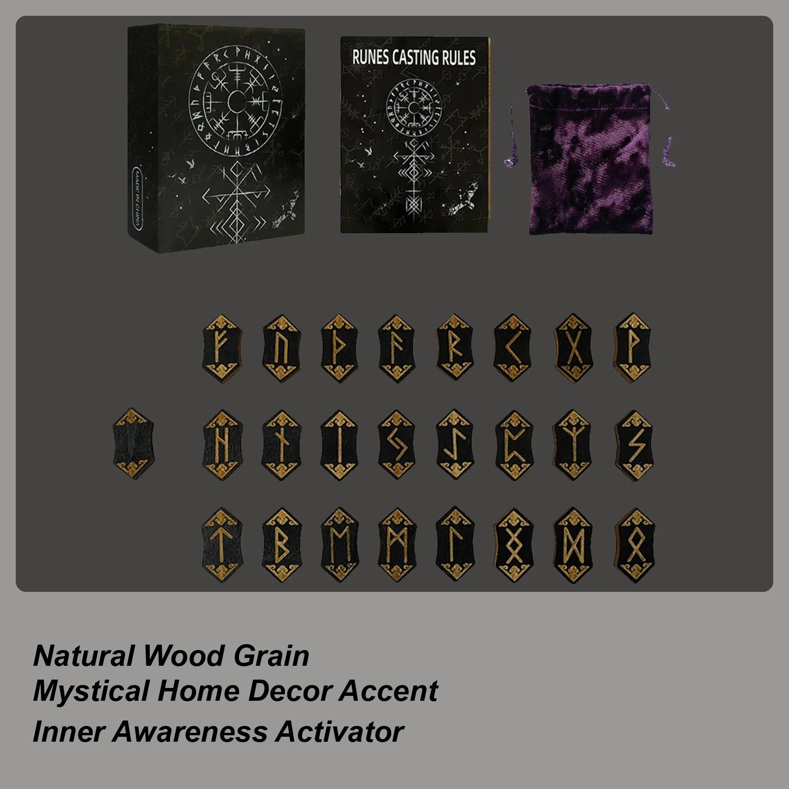 Runes Set Divination Wood Runes with Guide Carved Meditation Tool with Storage Bag for Dorm Home School Colleagues Classmates