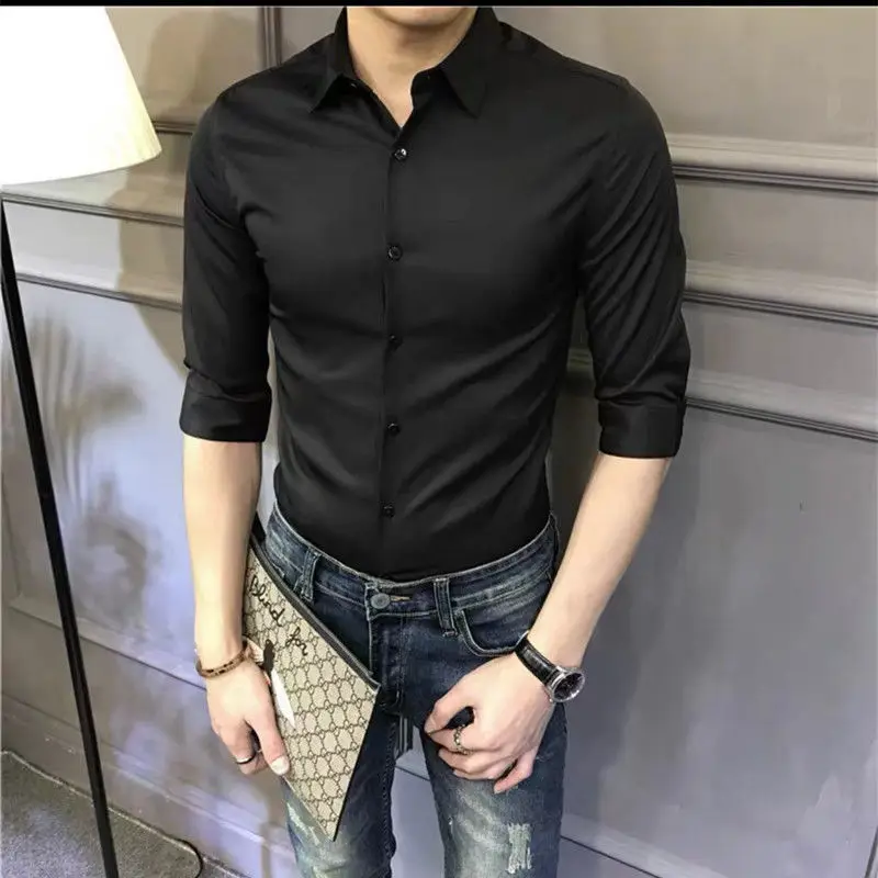 Korean Fashion Trend Casual Elastic Design Sense Short Sleeve Shirt Men\'s Solid Lapel Collar Button Breathable Simple Slim Tops