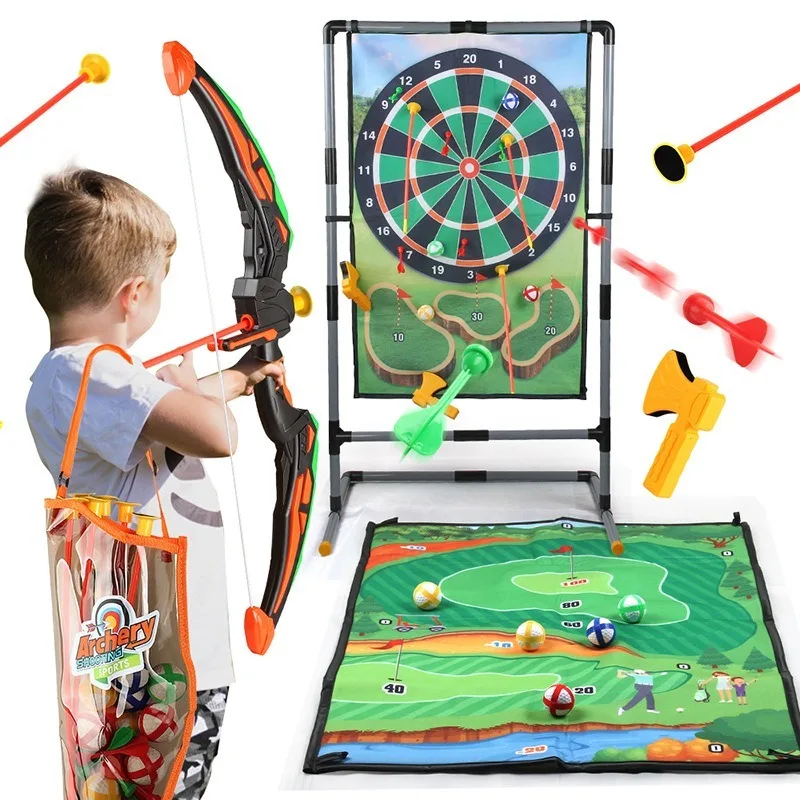 Kids Outdoor Shooting Game Set Bow Arrow Dart Sticky Ball Throwing Toys Kit Double-Sided Game Cloth Golf Set Backyard Sports Toy