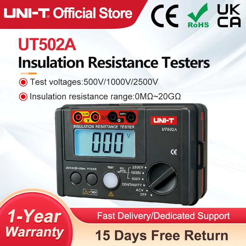 UNI-T UT502A 2500V Digitale Isolatieweerstandmeter Tester ohmmeter Hoogspanningsmeter Continuïteitstester Met LCD-achtergrondverlichting