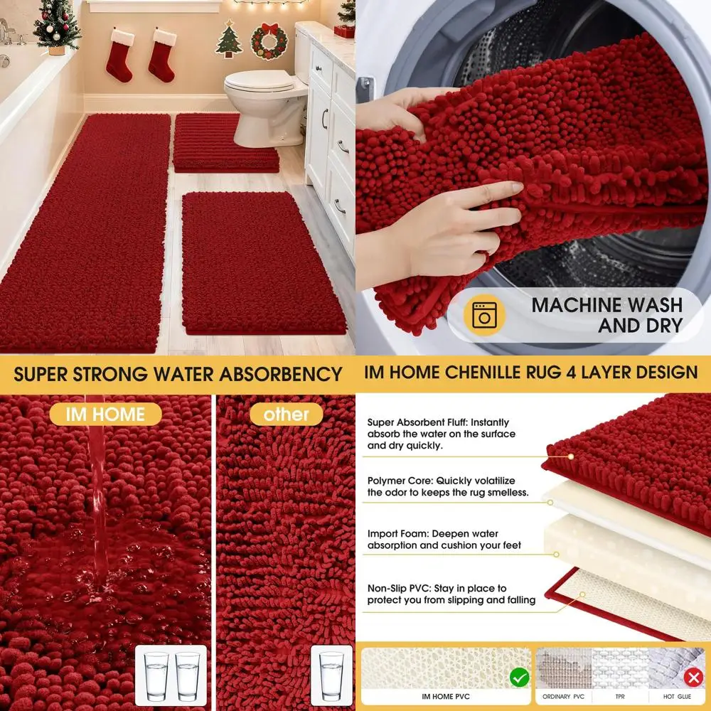 

Ультрамягкий и толстый комплект из 3-х красных ковриков для ванной, нескользящие впитывающие коврики для ванной, спальни, кухни