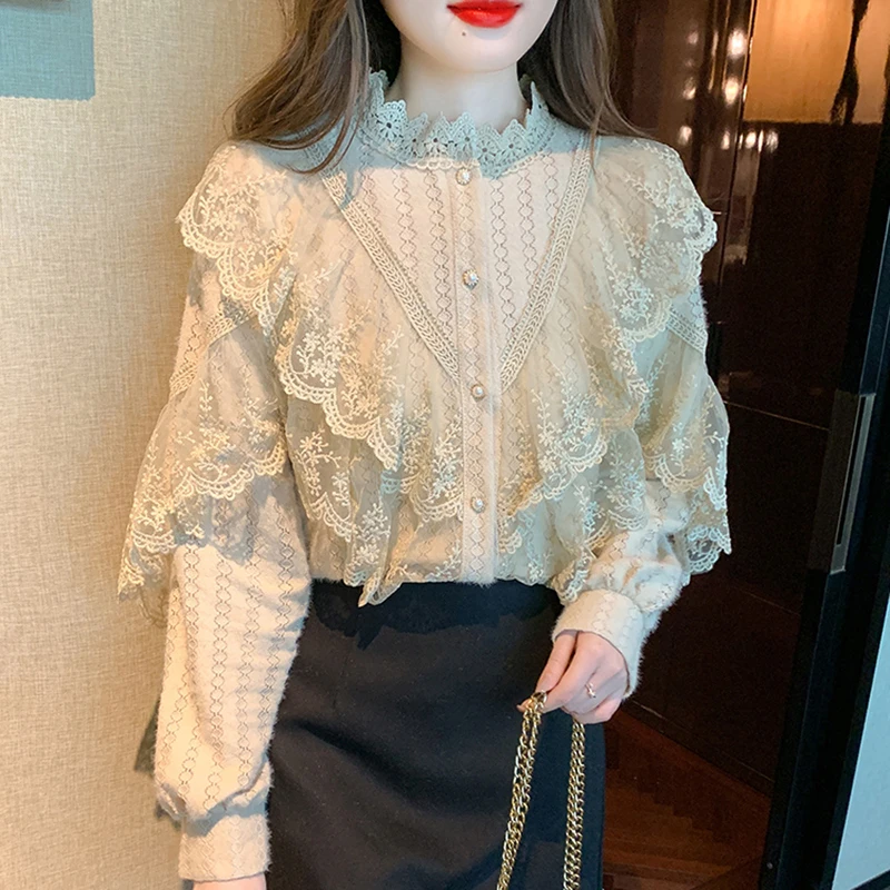 Autumn Korean Sweet Loose Clothes Lace Up Ruffled Women Blouses Fashion Stand Collat Ladies Tops Vintage Lace Shirts Women