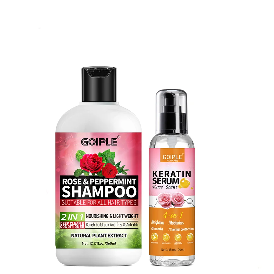 GOIPLE Hair Care Set, Rose Peppermint Shampoo and Keratin Serum, 2 in 1 Deep Cleanse for All Hair Types