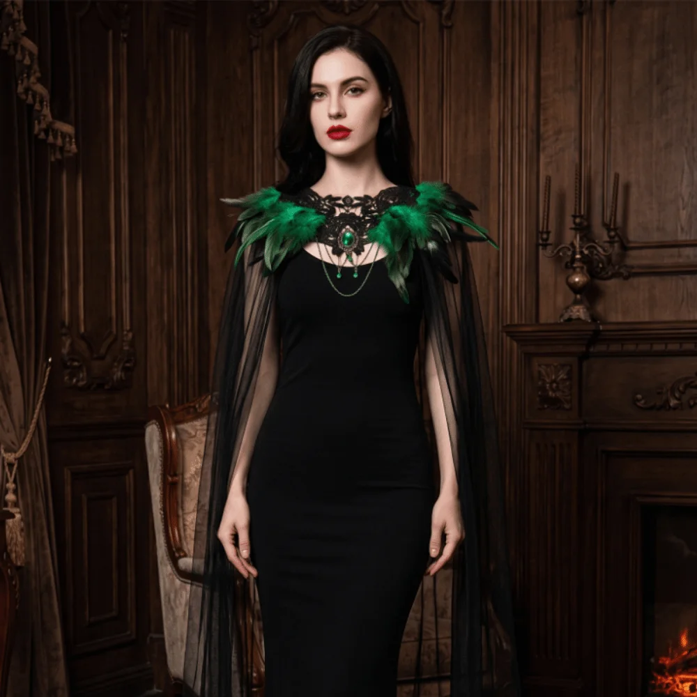 Black Halloween Feather Cloak Elegant Fur Collar Hollow Lace Mesh Cape Flowing Mesh Fringe Festival Costume Cape