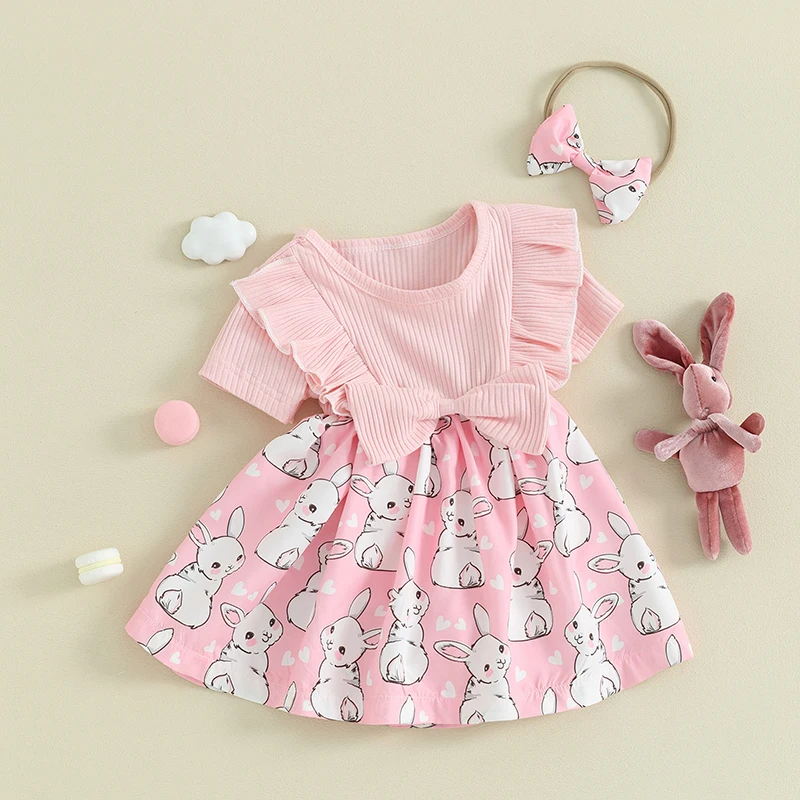 Baby Girl Easter Dress Short Sleeve Bunny Print Newborn Infant Summer Clothes with Headband Cute Causal Outfit 2pcs