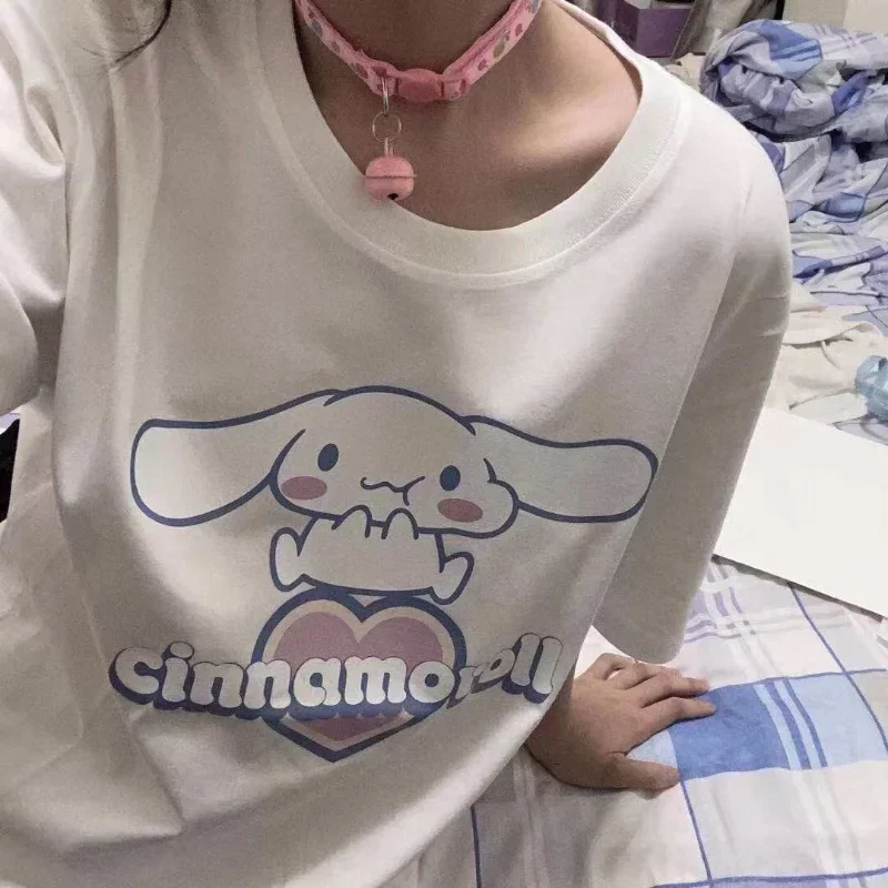 Japanese Cute Summer New Women Clothing Loose Cartoon Cinnamoroll Short Sleeve White T-shirt Preppy Style Student Casual Y2K Top