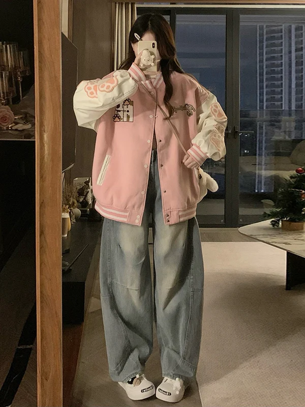 

plus Size 300 Pou Sweet Claw Embroidery Baseball Jaet Women's Autumn Winter Anti-Aging College Sle Trendy Jaet