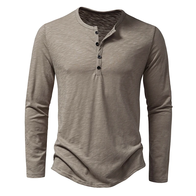 Autumn New High-End Men\'s Cotton Button Henley Neck T-shirts Fashion Solid Color Long Sleeve T Shirt Casual Button Top Tees