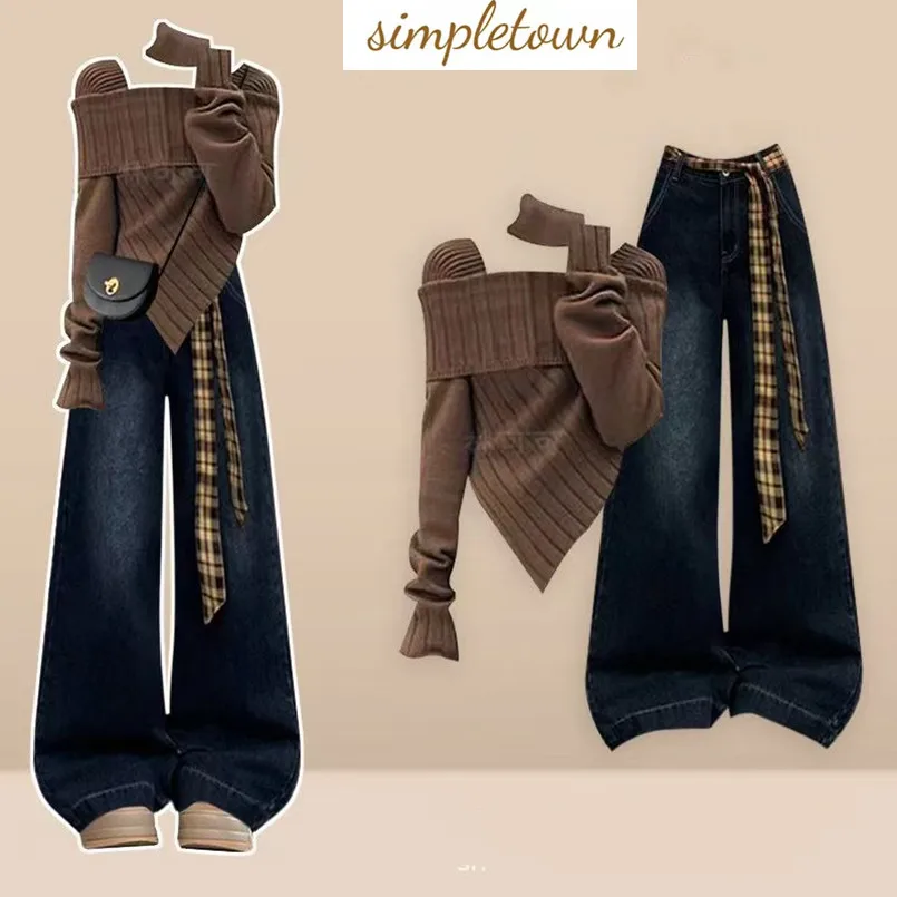 

Fashion Women's Set Spring and Autumn Korean Knitted Shirt Top+Fashion Jeans Elegant Women's Two Piece Set