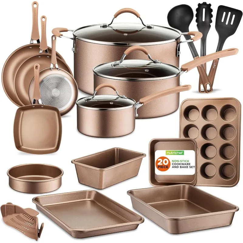 Nutrichef 20 Piece Professional Home Kitchen Cookware and Bakeware, Pots and Pans Set Non Stick Kitchenware, Cool-Touch Handles,