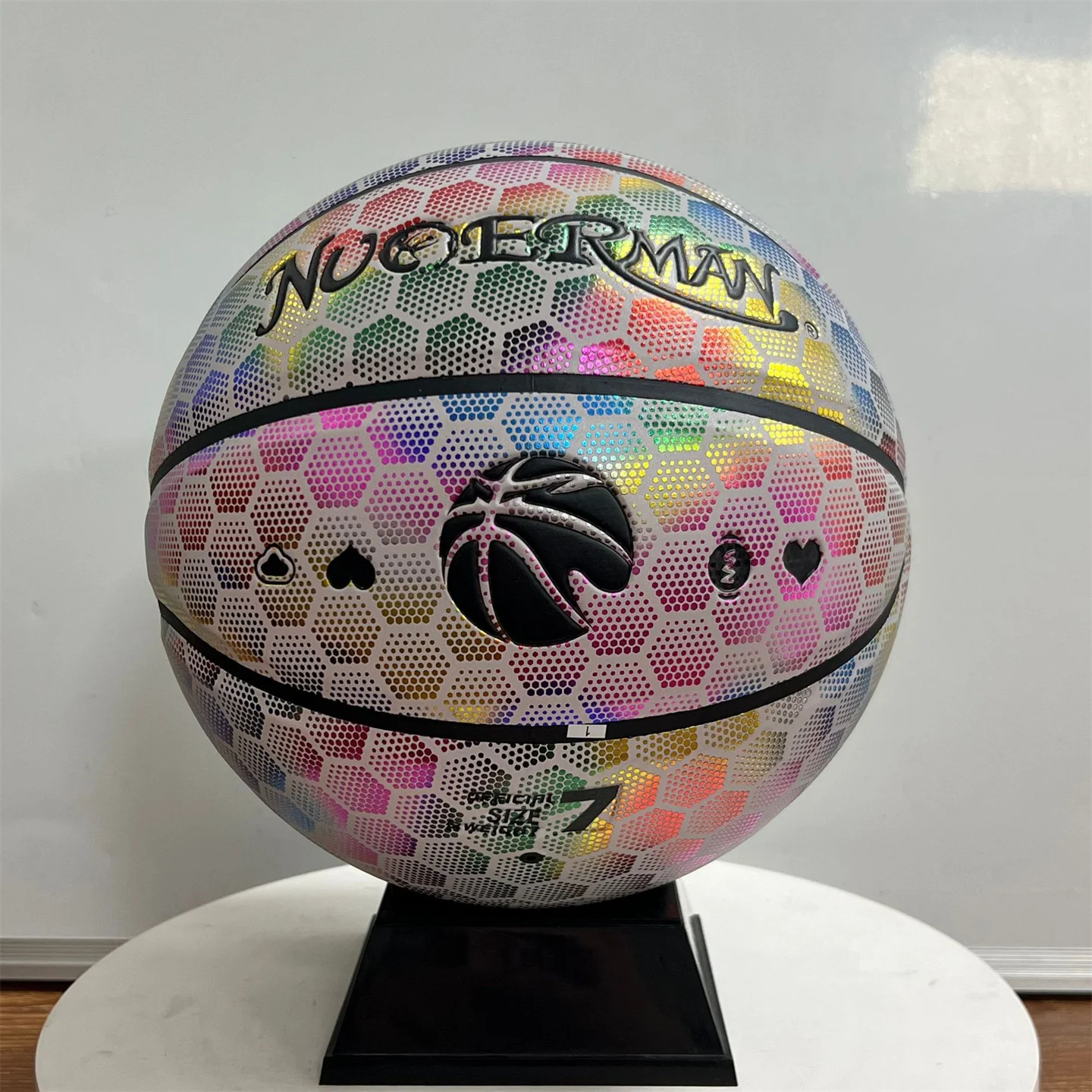 Echtes Rindsleder, Größe 7, #   Nachtleuchtender Basketball, offizieller Wettbewerb, für Erwachsene, Studenten, drinnen und draußen, Straße, reflektierender Lichtbasketball