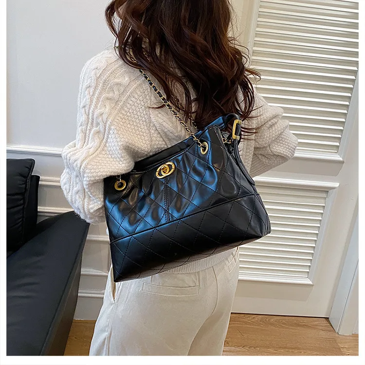 ヴィンテージカラーブロックトートバッグ、女性用、大容量レザーショルダーバッグ、クラシックなチェーンストラップ、仕事やショッピングに使える多用途な財布