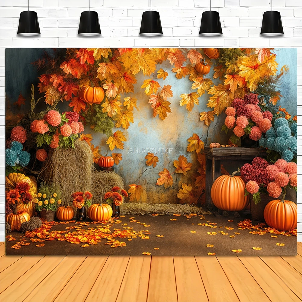 

Halloween Day Autumnal Pumpkins Photography Backdrops Props Maple Leaf Scarecrow Farm Harvest Thanksgiving Background RR-23