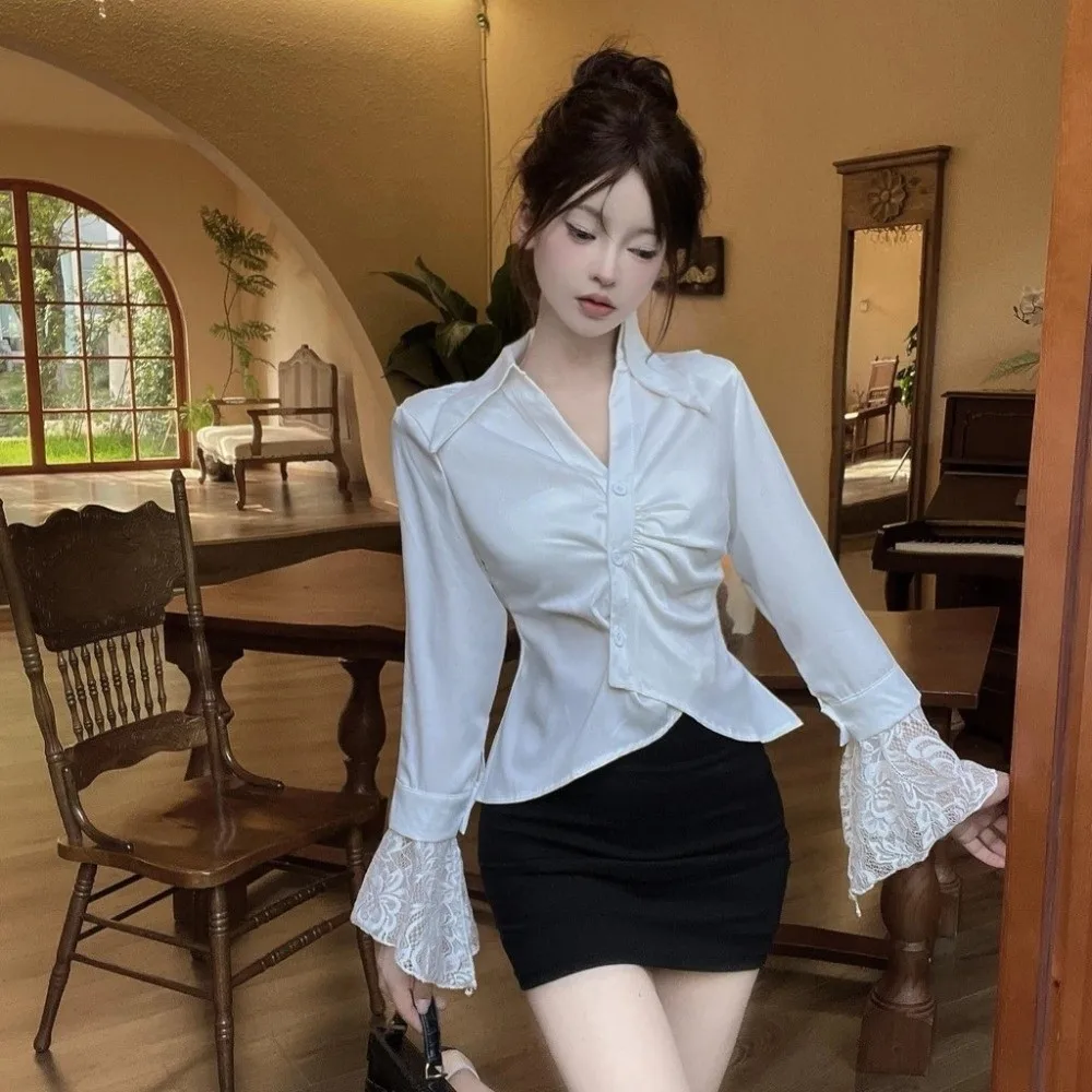

V-neck Lace Long Sleeve Shirts Lace Clothing Sleeves Short Slim Fit Korean Style Blouse Streetwear Black White
