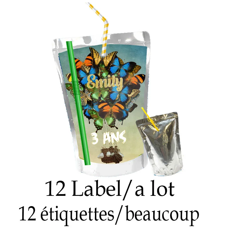 20 Butterfly Hot Air Balloon Juice Pouch Labels Favor Tag Gift Bag Candy Box Soap Bubble Water Bottle Stickers Birthday Decor