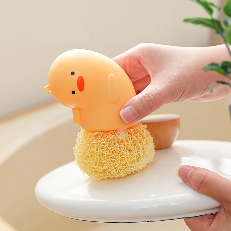 1/2pcs Kitchen Cleaning Pot Brush Cartoon Ball Brush With Handle Dishcloth Doesn't Hurt Pots Removable Replacement Brush