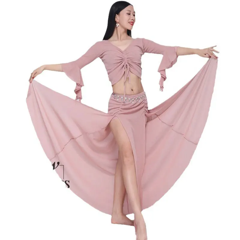 Women 2PCS Elegant Bellydance Crop Top Long Skirt Set Belly Dance Practice Yoga Class Lesson Wear Set Clothes Training Outfit