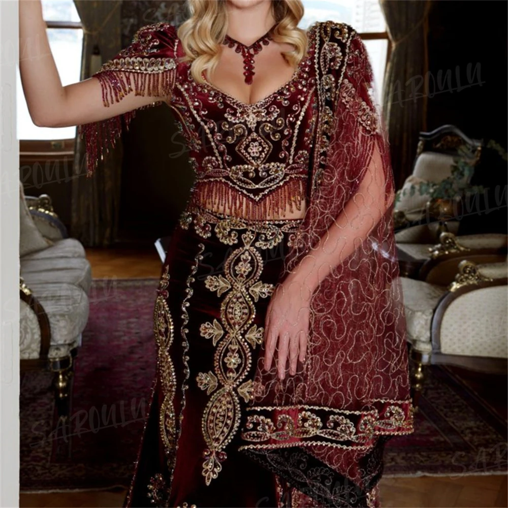 Kastanien braune schwere bestickte brautkleid arabische meerjungfrau lange modische kaftan sultan ballkleider فساتين الس카رة vestidos de gala