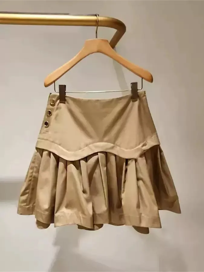 ハイウエストプリーツカーキスカート レディース Aラインレイヤードスカート カジュアルコットンハイウエストゴアードスカート 秋の新作