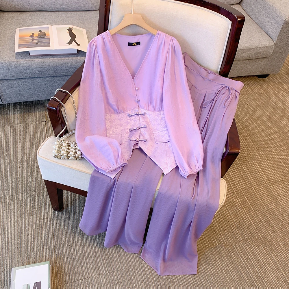 

Plus-size women's autumn casual commuting loose comfort suit Chinese-style purple button-up top with straight-leg pants large