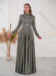 Luxury Appliques Beaded Muslim Evening Dresses Long Sleeve Islamic Formal Party Gowns High Neck Women Arabic Robes De Soirée