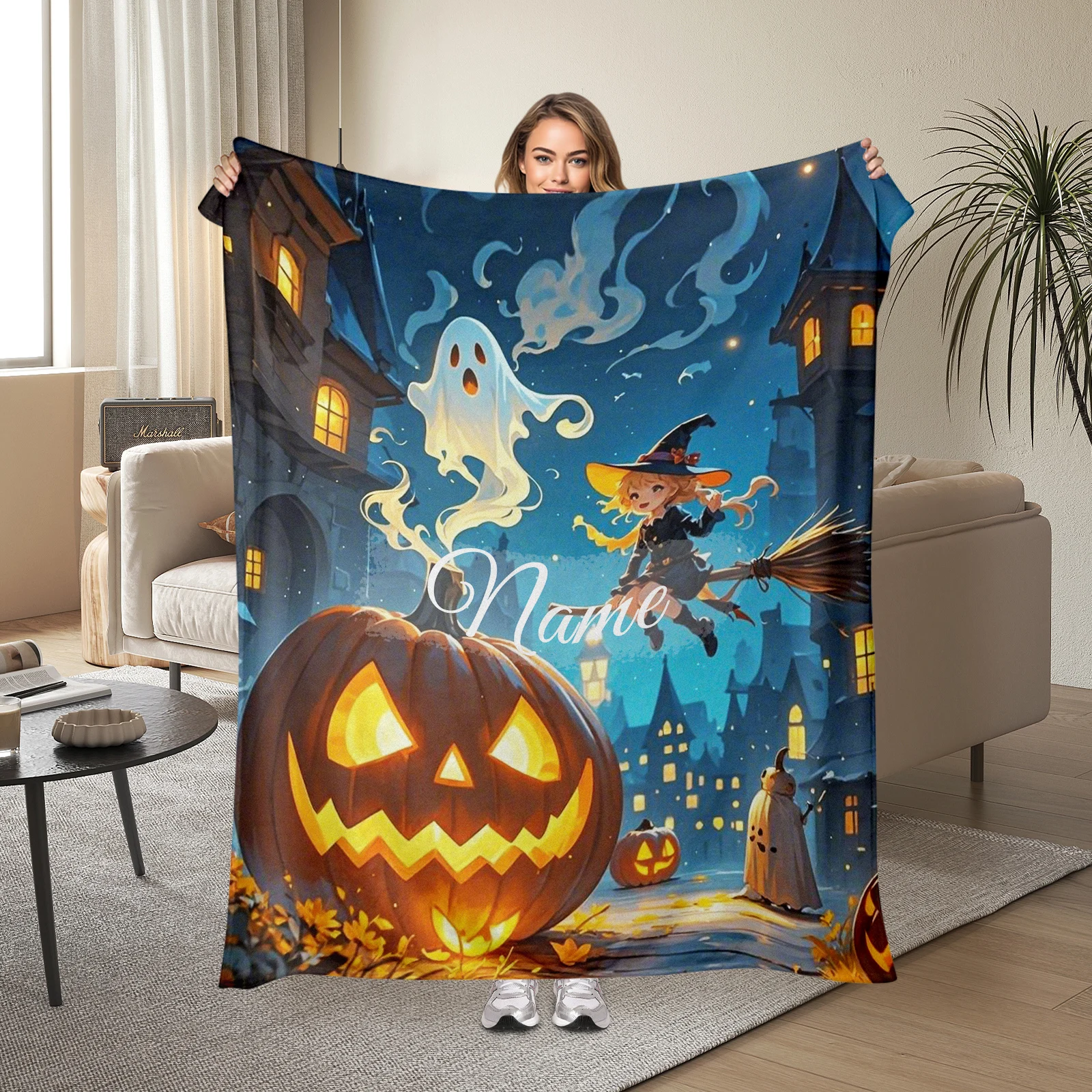 

Custom Flannel Blanket Including Witch And Pumpkin Patterns And An Area To Add Your Own Heartfelt Greeting