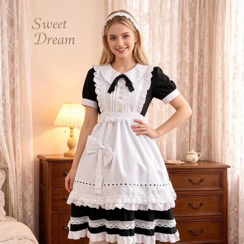 

Classic Black White Maid Dress Short Sleeve Lolita Cosplay Costume Kawaii Anime Uniform Japanese Sweet Party Outfit Women