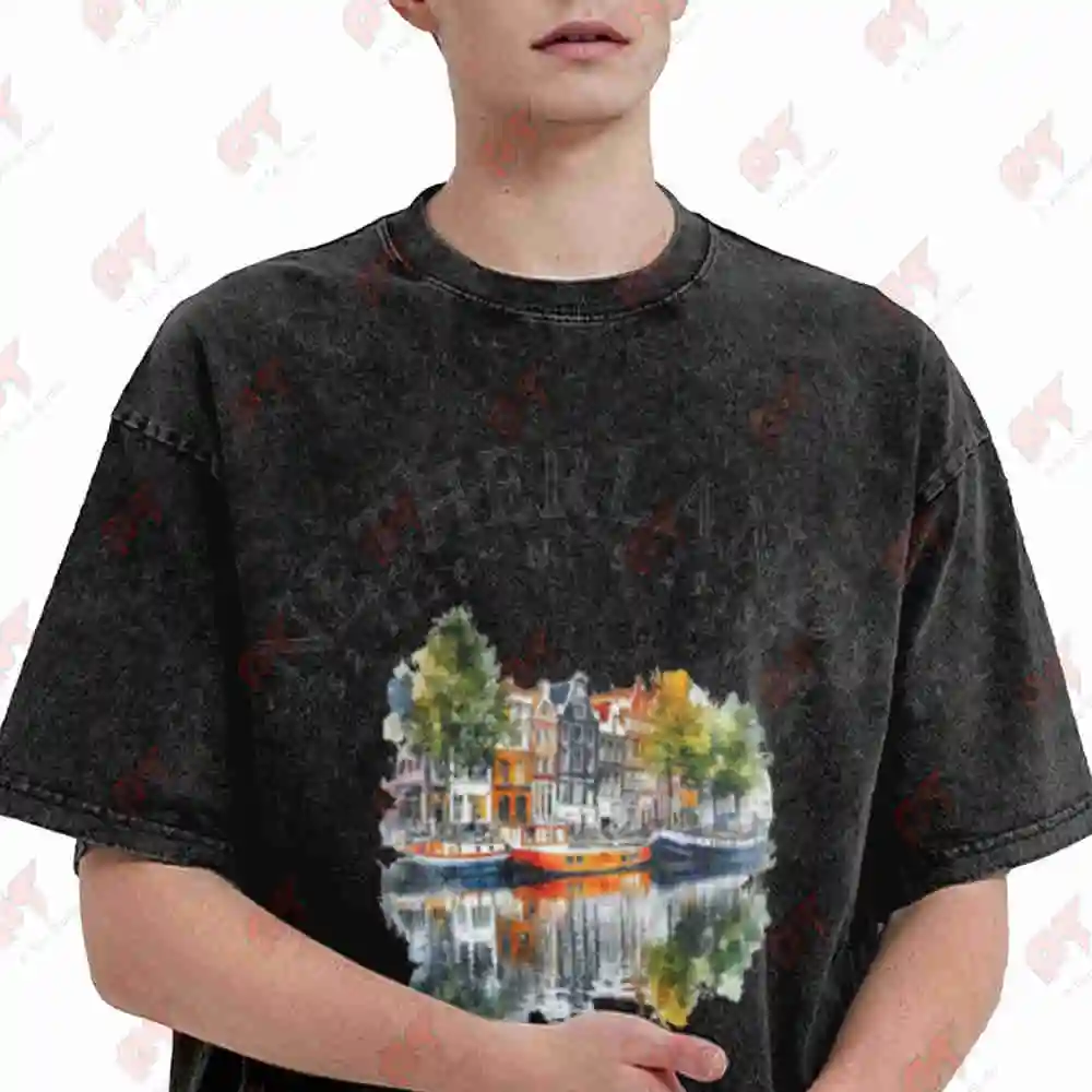 Netherlands Dutch Tulip Canal Vintage Washed Tee Pure Cotton T-Shirt