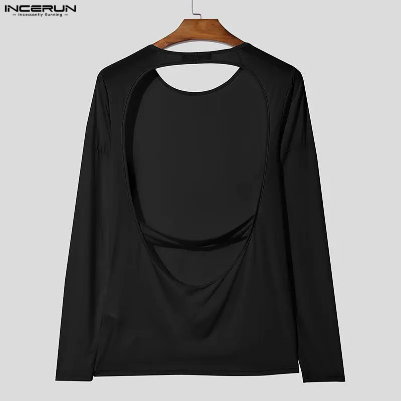 INCERUN Men's T Shirt Solid Mesh See Through Backless Hollow Out Man Tee Tops Long Sleeve Camisetas Sexy Personality Men Clothes