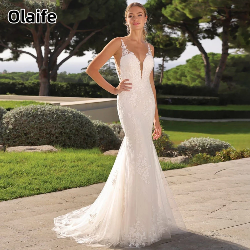 

Olaife Charming Backless Trumpet Wedding Dresses Women Sleeveless Lace Appliques Engagement Party Vestido De Sereia Custom Made