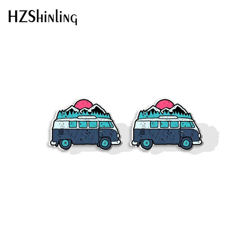 2023 New Hippie Van Stud Earring Travel Bus Acrylic Resin Earrings Epoxy Handmade Jewelry Gifts Friends