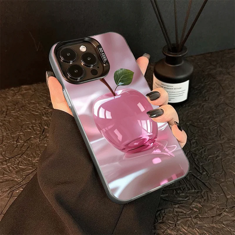 Crystal pink apple pattern phone case for iPhone 16 15 14 13 12 11 Pro/ Max/Plus shock-proof rear cover anti-fingerprint