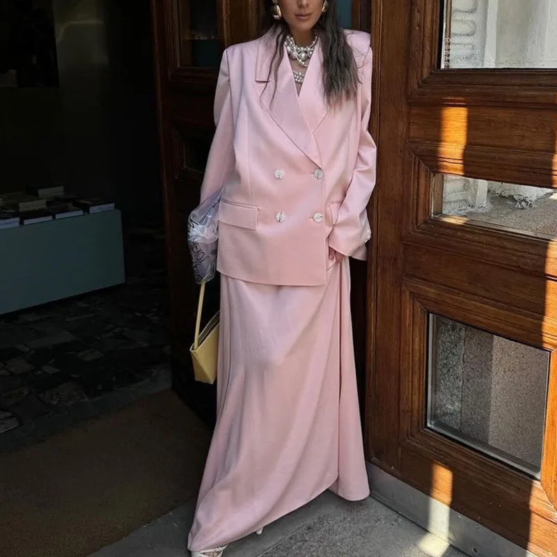 

Осенний атласный костюм с длинной юбкой в пригородном стиле, женский костюм с лацканами и длинными рукавами, куртка высокого класса, клубная одежда из двух предметов, платье