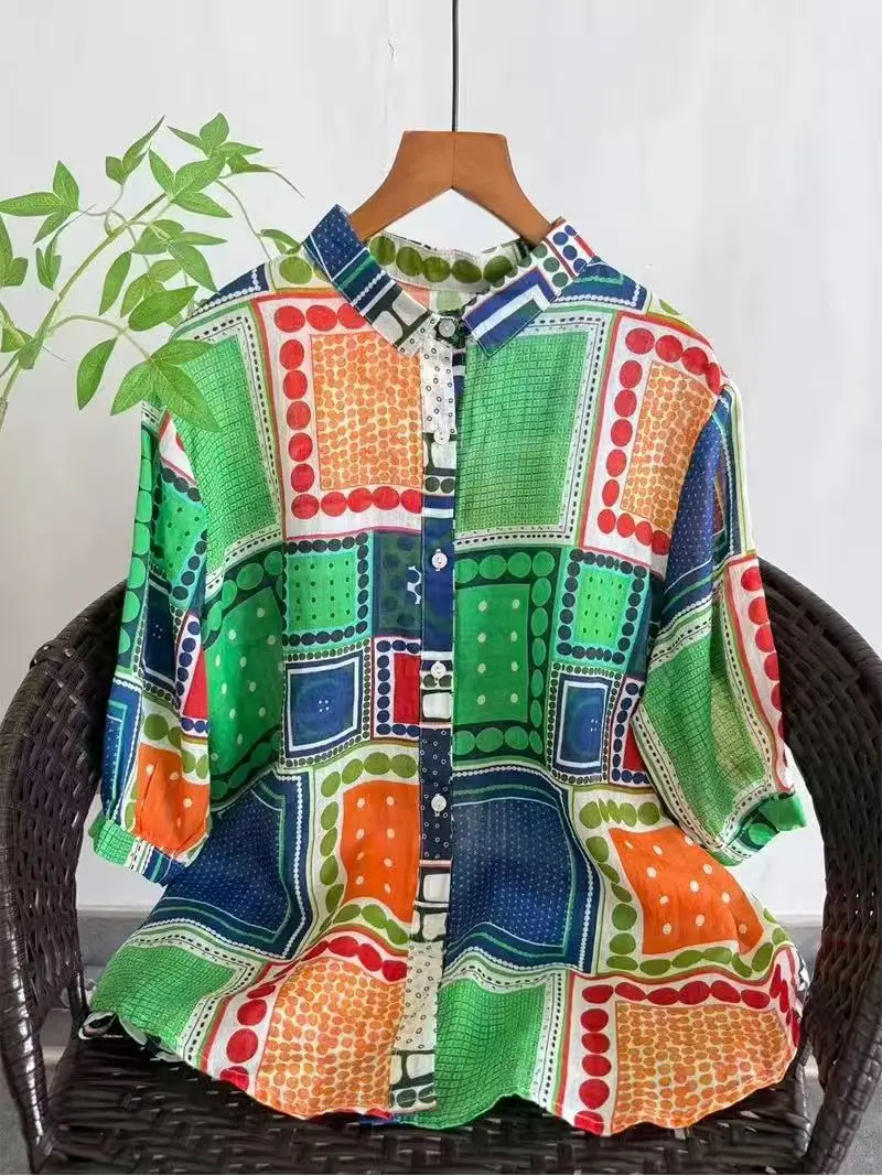 

Летняя женская одежда 2026: 100% рамиевые женские рубашки и блузки в мексиканском этническом стиле, зеленые летние топы в горошек