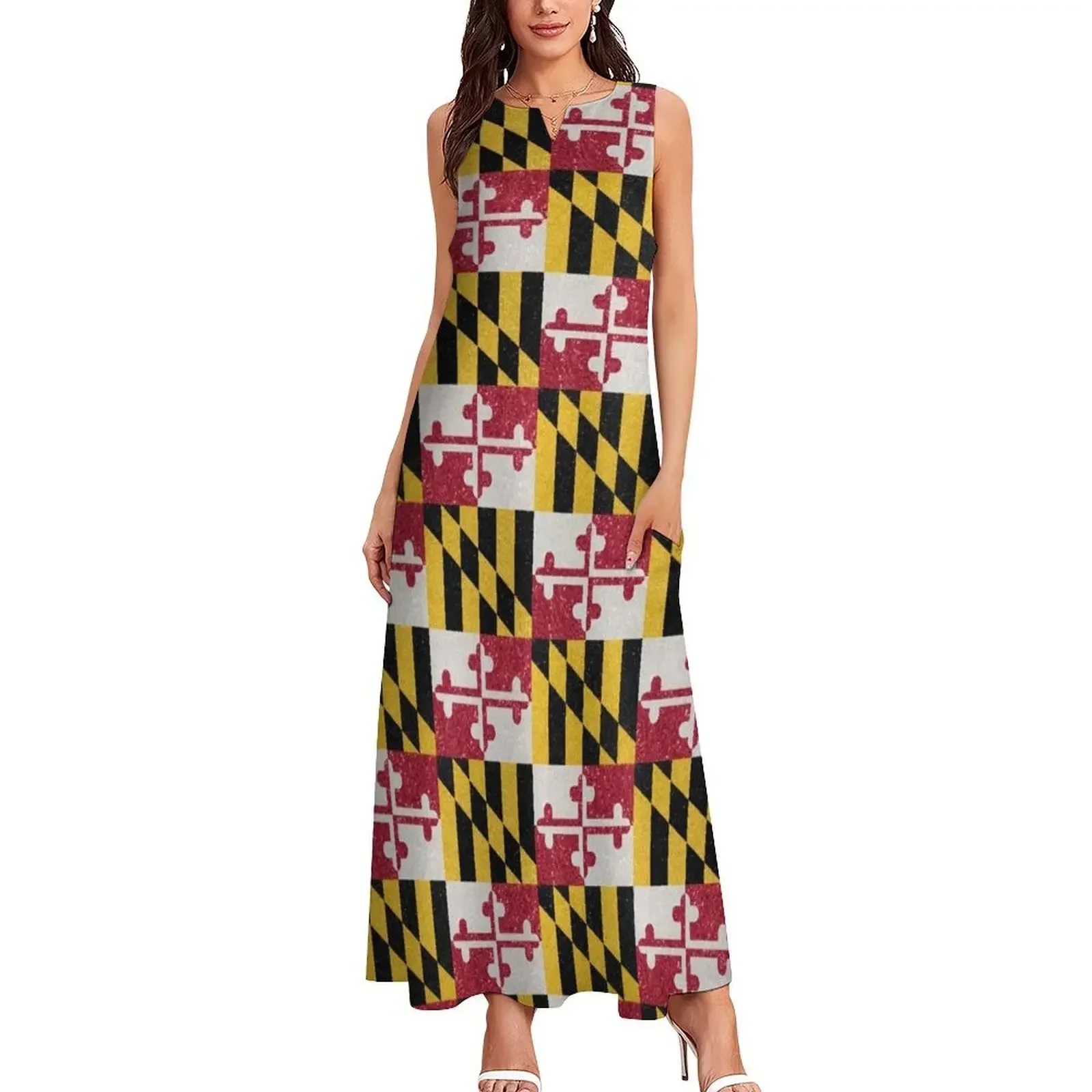 เดรสยาวลายธงชาติแมริแลนด์แบบกลิตเตอร์สำหรับผู้หญิง ชุดเดรสฤดูร้อน ชุดเดรสหรูหราสำหรับใส่ในชีวิตประจำวัน งานแต่งงาน งานพรอม