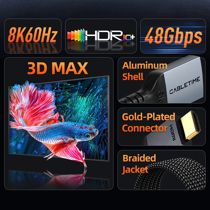 CABLETIME 8K HDMI Extension Cable 8K@60Hz Resolution HDMI 2.1 Cable 48Gbps Aluminum Shell for Monitor Laptop Macbook