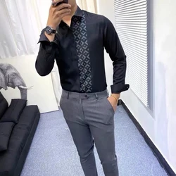Spring Autumn Printed Blouse Men's Clothing Casual Korean Style Cardigan All Match Loose Harajuku Polo Neck Long Sleeve Shirts