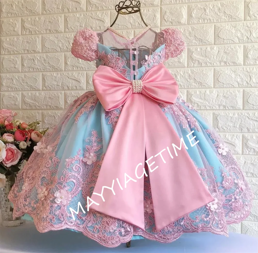 

Flower Girl Dresses Tiered Lace Appliqued Birthday Pageant Gowns with Bow Beads Kids Wedding Guest Dresses