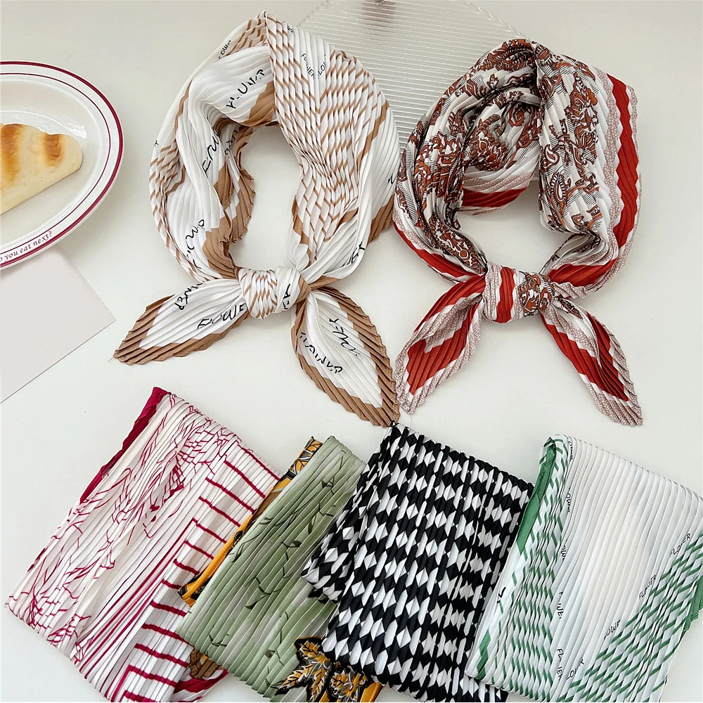 Square Scarf Silk Scarf Printed Headband Pleated Decor Women Neckerchief Hair Bands Elegant Neck Scarf Headscarf Bandana Party